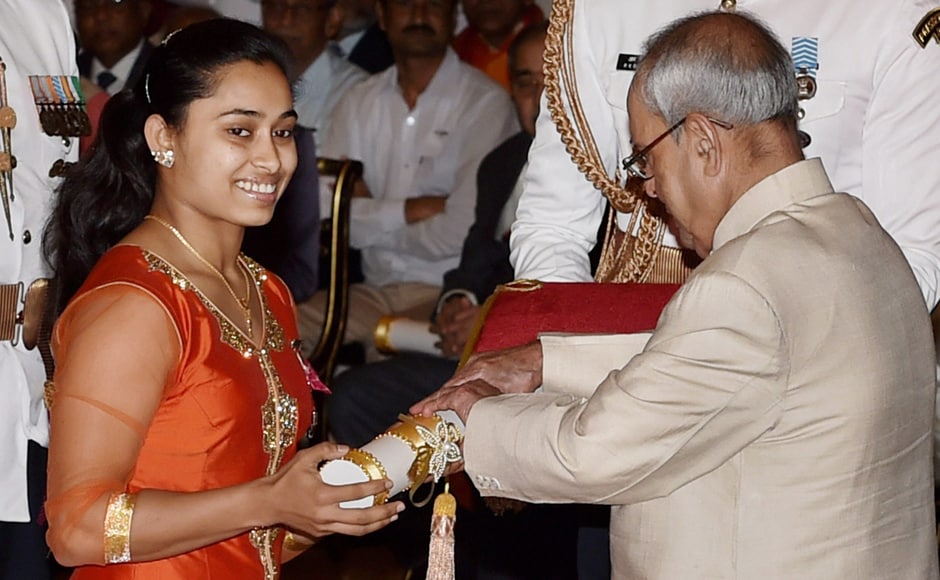President Pranab Mukherjee confers Padma Shri on Gymnast Dipa Karmakar during Padma Awards 2017 function at Rashtrapati Bhavan in New Delhi on Thursday. PTI President Pranab Mukherjee confers Padma Shri on Gymnast Dipa Karmakar during Padma Awards 2017 function at Rashtrapati Bhavan in New Delhi on Thursday. PTI