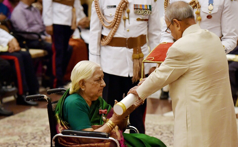 President Pranab Mukherjee confers Padma Shri on Carnatic musician Parassala B Ponnammal during Padma Awards 2017 function at Rashtrapati Bhavan in New Delhi on Thursday. PTI President Pranab Mukherjee confers Padma Shri on Carnatic musician Parassala B Ponnammal during Padma Awards 2017 function at Rashtrapati Bhavan in New Delhi on Thursday. PTI