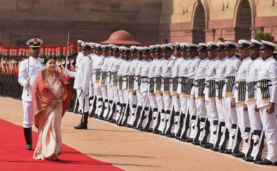 Bhandari inspects the guard of honour during her ceremonial reception at Rashtrapati Bhavan in New Delhi on 18 April. PTI Bhandari inspects the guard of honour during her ceremonial reception at Rashtrapati Bhavan in New Delhi on 18 April. PTI