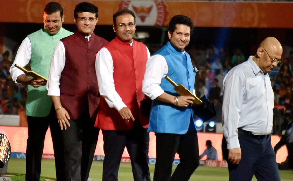 VVS Laxman, Sourav Ganguly, Virender Sehwag and Sachin Tendulkar walk back after being felicitated during the IPL 2017 opening ceremony, with BCCI vice-president Amitabh Choudhary leading the way. PTI/Sportzpics VVS Laxman, Sourav Ganguly, Virender Sehwag and Sachin Tendulkar walk back after being felicitated during the IPL 2017 opening ceremony, with BCCI vice-president Amitabh Choudhary leading the way. PTI/Sportzpics