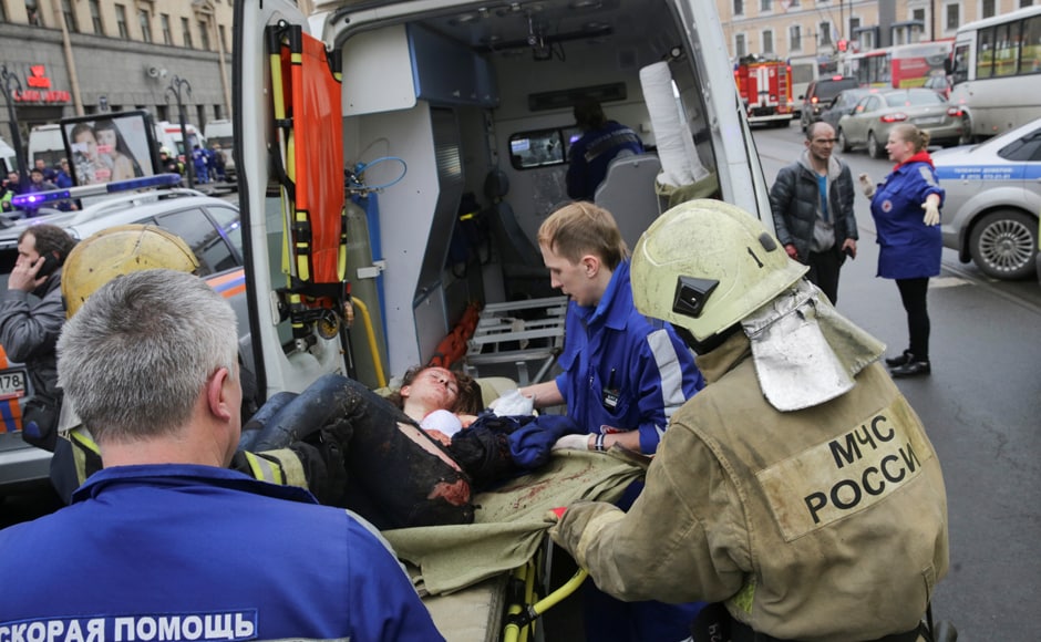 An injured person is helped by emergency services outside Sennaya Ploshchad metro station, following explosions in two train carriages at metro stations in St Petersburg. In the past two decades, Russian trains and planes have been frequent targets of terrorism, usually blamed on Islamic militants. Reuters An injured person is helped by emergency services outside Sennaya Ploshchad metro station, following explosions in two train carriages at metro stations in St Petersburg. In the past two decades, Russian trains and planes have been frequent targets of terrorism, usually blamed on Islamic militants. Reuters