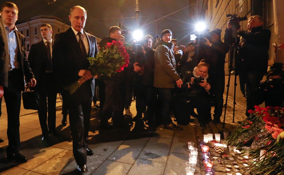 Russian president Vladimir Putin puts flowers down outside Tekhnologicheskiy Institut metro station in St Petersburg. The bombing drew widespread condemnation. President Donald Trump said it was "absolutely a terrible thing." White House Press Secretary Sean Spicer said the US was prepared to offer assistance to Russia. Reuters Russian president Vladimir Putin puts flowers down outside Tekhnologicheskiy Institut metro station in St Petersburg. The bombing drew widespread condemnation. President Donald Trump said it was "absolutely a terrible thing." White House Press Secretary Sean Spicer said the US was prepared to offer assistance to Russia. Reuters