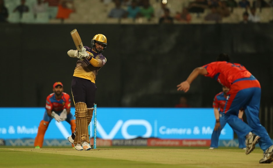 Sunil Narine of the Kolkata Knight Riders hits down the ground for four against the Gujarat Lions at Eden Gardens on Friday. Sportzpics - IPL Sunil Narine of the Kolkata Knight Riders hits down the ground for four against the Gujarat Lions at Eden Gardens on Friday. Sportzpics - IPL