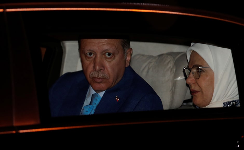 Turkish President Tayyip Erdogan and his wife Emine Erdogan sit inside their car after their arrival at the airport in New Delhi on Sunday. Reuters Turkish President Tayyip Erdogan and his wife Emine Erdogan sit inside their car after their arrival at the airport in New Delhi on Sunday. Reuters