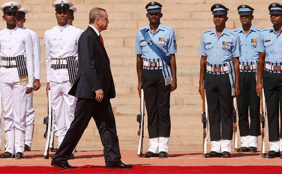 Turkish President Tayyip Erdogan inspects a guard of honour during his ceremonial reception at the forecourt of India's Rashtrapati Bhavan presidential palace in New Delhi on Monday. Reuters Turkish President Tayyip Erdogan inspects a guard of honour during his ceremonial reception at the forecourt of India's Rashtrapati Bhavan presidential palace in New Delhi on Monday. Reuters