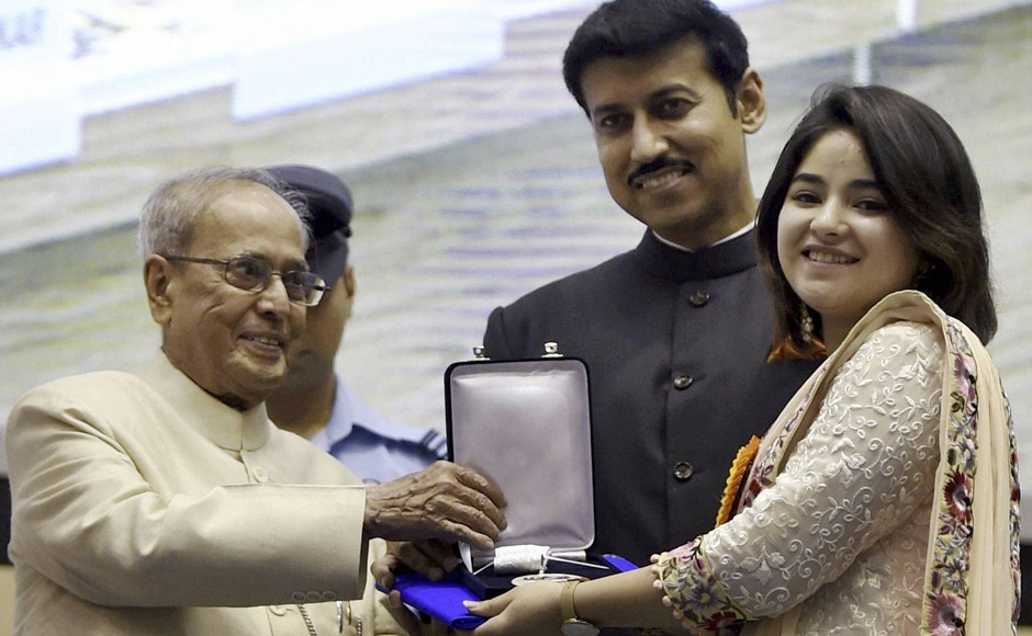 Pranab Mukherjee and Rajyavardhan Singh Rathore present Best Supporting Actress Award to Zaira Wasim for Dangal. PTI Pranab Mukherjee and Rajyavardhan Singh Rathore present Best Supporting Actress Award to Zaira Wasim for Dangal. PTI