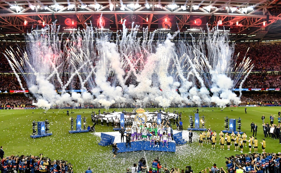 Sergio Ramos of Real Madrid lifts the trophy after Real Madrid won the UEFA Champions League with 4-1 win over Juventus at The Principality Stadium in Cardiff. AFP Sergio Ramos of Real Madrid lifts the trophy after Real Madrid won the UEFA Champions League with 4-1 win over Juventus at The Principality Stadium in Cardiff. AFP