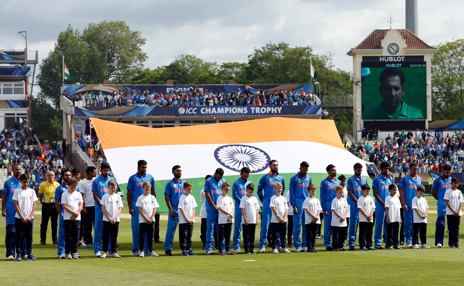 The Indian team lines up for the National Anthem before the all-important clash against the neighbours Pakistan. Reuters The Indian team lines up for the National Anthem before the all-important clash against the neighbours Pakistan. Reuters