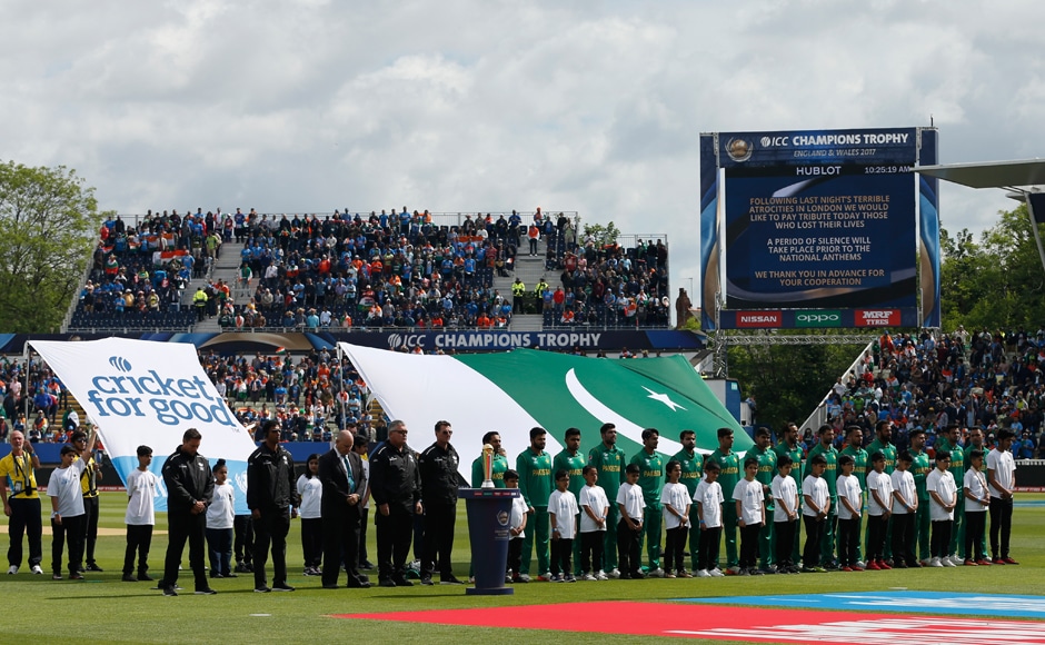 The Pakistan team line up for their national anthem, hoping to overcome India's challenge. Reuters The Pakistan team line up for their national anthem, hoping to overcome India's challenge. Reuters