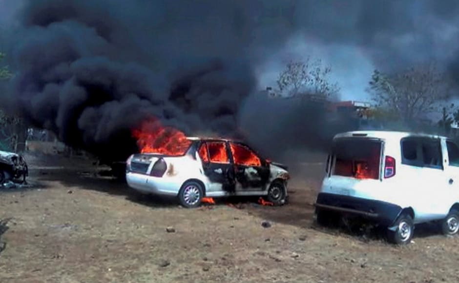 On the second day of protests, farmers in Sardarpur town set six motorcycles on fire, stopped vehicles carrying foodgrains, and emptied milk containers on the roads. Agitating farmers also torched vehicles at the Bhopal-Indore highway in Dewas. PTI On the second day of protests, farmers in Sardarpur town set six motorcycles on fire, stopped vehicles carrying foodgrains, and emptied milk containers on the roads. Agitating farmers also torched vehicles at the Bhopal-Indore highway in Dewas. PTI