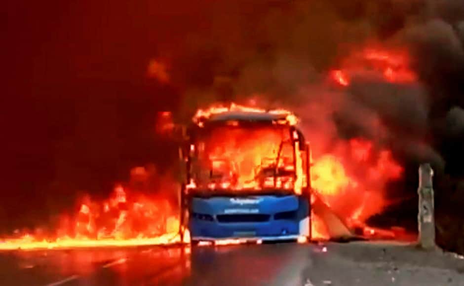 A bus was torched by farmers at the Bhopal-Indore highway. Chief minister Shivraj Singh Chouhan urged farmers to stop protesting, after many areas of the state faced shortage of milk and vegetables. PTI A bus was torched by farmers at the Bhopal-Indore highway. Chief minister Shivraj Singh Chouhan urged farmers to stop protesting, after many areas of the state faced shortage of milk and vegetables. PTI
