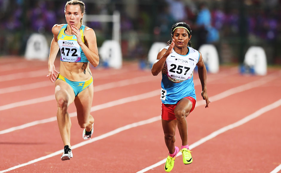 Dutee Chand participates in the womens 100m run heat during the first day of the 22nd Asian Athletics Championships. AFP Dutee Chand participates in the womens 100m run heat during the first day of the 22nd Asian Athletics Championships. AFP