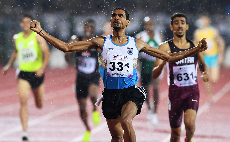 Ajay Kumar Saroj celebrates after winning the gold medal in the mens 1500m event. AFP Ajay Kumar Saroj celebrates after winning the gold medal in the mens 1500m event. AFP
