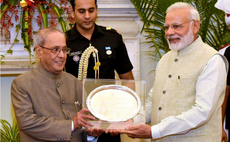 Prime Minister Narendra Modi hosted a farewell dinner for President Pranab Mukherjee as the latter gets ready to leave office, and presented him with a memento on the occasion on Saturday. PTI Prime Minister Narendra Modi hosted a farewell dinner for President Pranab Mukherjee as the latter gets ready to leave office, and presented him with a memento on the occasion on Saturday. PTI