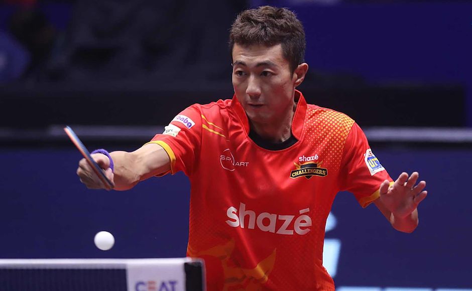 Challengers' Li Ping gave his side an early lead with a 2-1 win over Falcons' Sanil Shetty in the opener of the finals. Image Courtesy: Facebook/UltimateTableTennis Challengers' Li Ping gave his side an early lead with a 2-1 win over Falcons' Sanil Shetty in the opener of the finals. Image Courtesy: Facebook/UltimateTableTennis