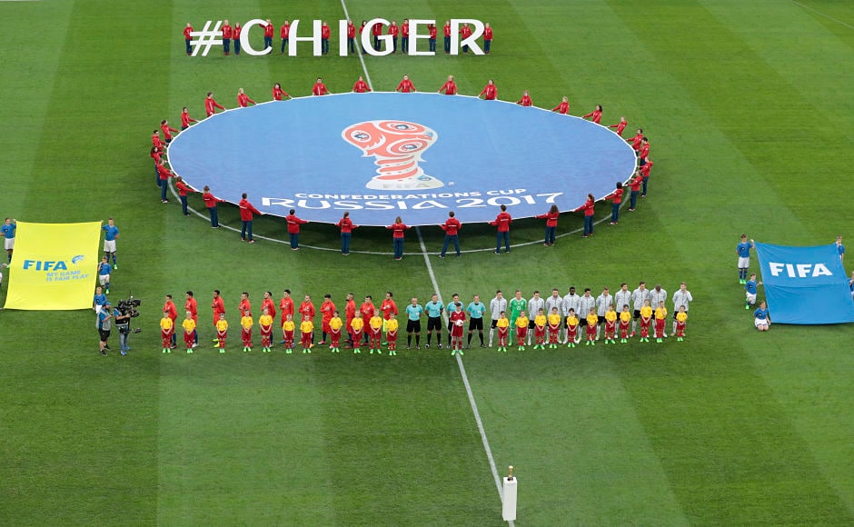 The teams of Chile, left, and Germany stand on the pitch while national anthems are played before the Confederations Cup final football match. Earlier, Chile held the German side to its only draw in the group stage. AP The teams of Chile, left, and Germany stand on the pitch while national anthems are played before the Confederations Cup final football match. Earlier, Chile held the German side to its only draw in the group stage. AP