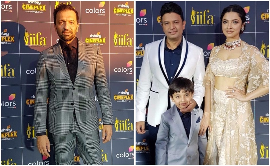(L) Ace lensman Atul Kasbekar is seen on the IIFA Awards 2017 green carpet; (R) Bhushan Kumar and Divya Khosla Kumar with their son at IIFA 2017. Images via Twitter (L) Ace lensman Atul Kasbekar is seen on the IIFA Awards 2017 green carpet; (R) Bhushan Kumar and Divya Khosla Kumar with their son at IIFA 2017. Images via Twitter