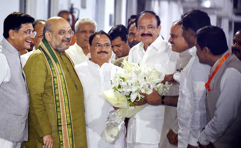 Naidu's nomination was decided at the BJP parliamentary board meeting in Delhi, attended by Narendra Modi and other senior party leaders. Shah said Naidu will file his nomination on Tuesday. PTI Naidu's nomination was decided at the BJP parliamentary board meeting in Delhi, attended by Narendra Modi and other senior party leaders. Shah said Naidu will file his nomination on Tuesday. PTI