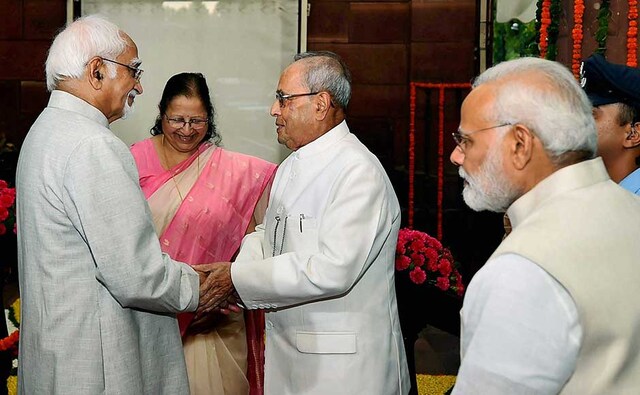 Eighty one-year-old Mukherjee was received by Vice-President Hamid Ansari, Prime Minister Narendra Modi, Lok Sabha Speaker Sumitra Mahajan and Parliamentary Affairs Minister Ananth Kumar for the farewell ceremony. PTI Eighty one-year-old Mukherjee was received by Vice-President Hamid Ansari, Prime Minister Narendra Modi, Lok Sabha Speaker Sumitra Mahajan and Parliamentary Affairs Minister Ananth Kumar for the farewell ceremony. PTI
