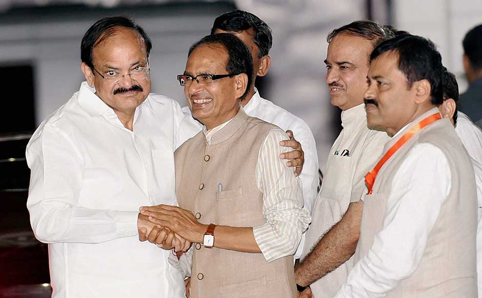 The 68-year-old leader currently holds the two portfolios of Information and Broadcasting and Housing and Urban Affairs. His nomination is seen as part of the saffron party's attempts to expand in south India. Naidu is greeted by MP Chief Minister Shivraj Chauhan and other leaders after the meet. PTI The 68-year-old leader currently holds the two portfolios of Information and Broadcasting and Housing and Urban Affairs. His nomination is seen as part of the saffron party's attempts to expand in south India. Naidu is greeted by MP Chief Minister Shivraj Chauhan and other leaders after the meet. PTI