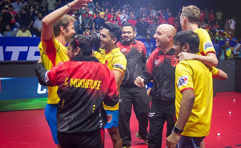Falcons players and coaches gather around their captain Par Gerell after he won game 2 against Li Ping to win the first ever Ultimate Table Tennis. Image Courtesy: Facebook/UltimateTableTennis Falcons players and coaches gather around their captain Par Gerell after he won game 2 against Li Ping to win the first ever Ultimate Table Tennis. Image Courtesy: Facebook/UltimateTableTennis