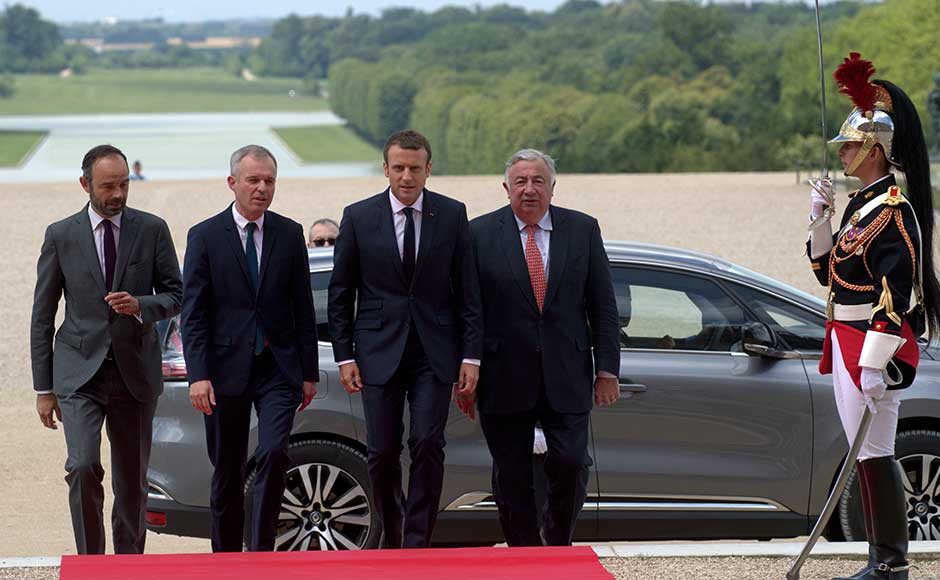 Macron, third from left, is welcomed by French Prime Minister Edouard Philippe, far left, National Assembly Speaker Francois de Rugy, second from left, and Senate Speaker Gerard Larcher, far right, as he arrives at the Versailles Palace. AP Macron, third from left, is welcomed by French Prime Minister Edouard Philippe, far left, National Assembly Speaker Francois de Rugy, second from left, and Senate Speaker Gerard Larcher, far right, as he arrives at the Versailles Palace. AP