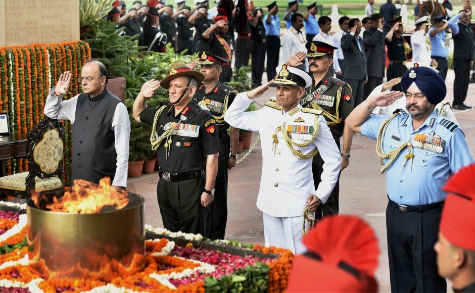 Defence minister Arun Jaitley along with Army Chief General Bipin Singh Rawat, Chief of Air Staff, Air Chief Marshal BS Dhanoa and Navy Chief Admiral Sunil Lanba paid homage to the slain soldiers at the function. PTI Defence minister Arun Jaitley along with Army Chief General Bipin Singh Rawat, Chief of Air Staff, Air Chief Marshal BS Dhanoa and Navy Chief Admiral Sunil Lanba paid homage to the slain soldiers at the function. PTI