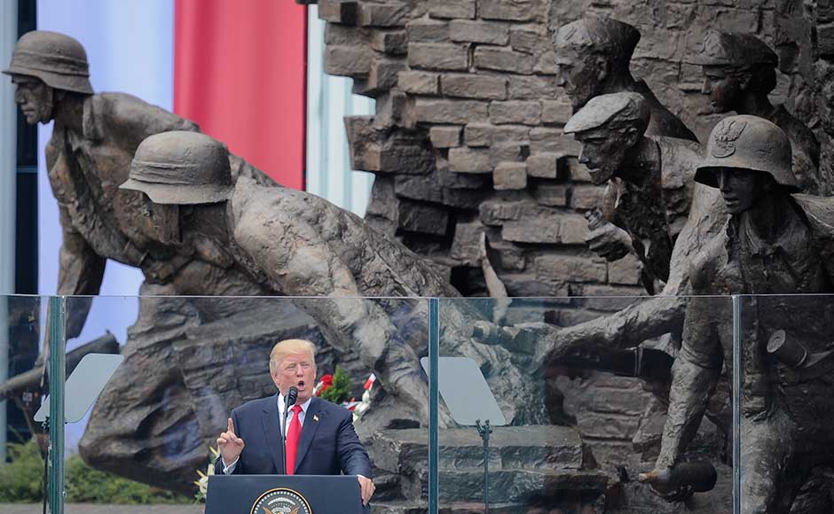 Speaking in a country alarmed by Moscow's increasing military assertiveness, Trump — just a day before he meets Russian president Vladimir Putin at the G20 Summit — offered rare criticism of Russia's behaviour. AP Speaking in a country alarmed by Moscow's increasing military assertiveness, Trump — just a day before he meets Russian president Vladimir Putin at the G20 Summit — offered rare criticism of Russia's behaviour. AP