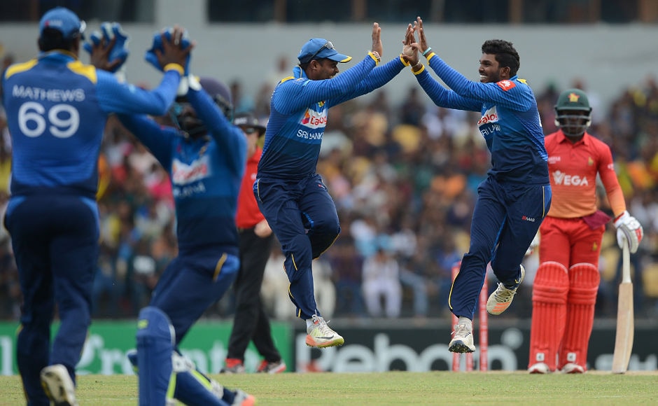 Sri Lanka's Wanindu Hasaranga finally took out the dangerous Solomon Mire in his third over, with Zimbabwe's score at 82. AFP Sri Lanka's Wanindu Hasaranga finally took out the dangerous Solomon Mire in his third over, with Zimbabwe's score at 82. AFP