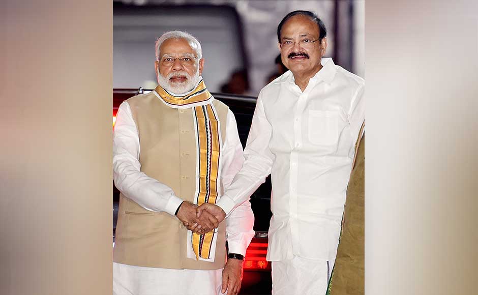 Naidu is greeted by Narendra Modi after he was announced as the NDA vice-presidential candidate. PTI Naidu is greeted by Narendra Modi after he was announced as the NDA vice-presidential candidate. PTI