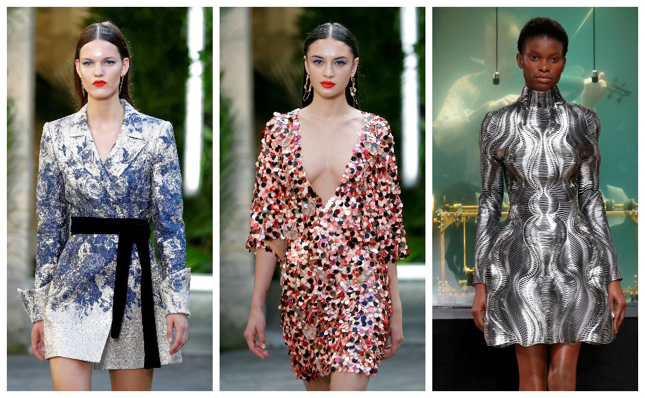 (L, middle) Models present creations by designer Galia Lahav; (R) Design by Iris Van Herpen. Image: Reuters (L, middle) Models present creations by designer Galia Lahav; (R) Design by Iris Van Herpen. Image: Reuters