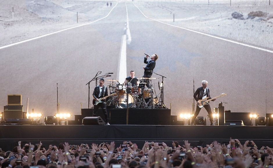 Singer Bono, centre right, The Edge, left, Adam Clayton, right and Larry Mullan Jnr,. (Photo by Joel Ryan/Invision/AP) Singer Bono, centre right, The Edge, left, Adam Clayton, right and Larry Mullan Jnr,. (Photo by Joel Ryan/Invision/AP)