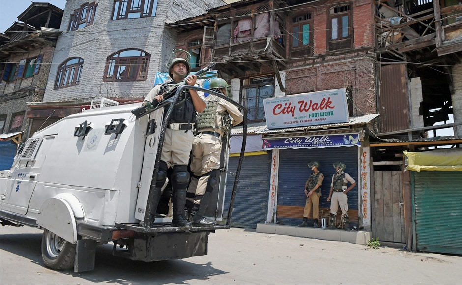 Security personnel patrolling the city during a curfew imposed in Srinagar. Curbs on the assembly of people under Section 144 CrPc had been imposed in Pulwama and Shopian districts in south Kashmir and in Baramulla district in north, officials said. PTI Security personnel patrolling the city during a curfew imposed in Srinagar. Curbs on the assembly of people under Section 144 CrPc had been imposed in Pulwama and Shopian districts in south Kashmir and in Baramulla district in north, officials said. PTI