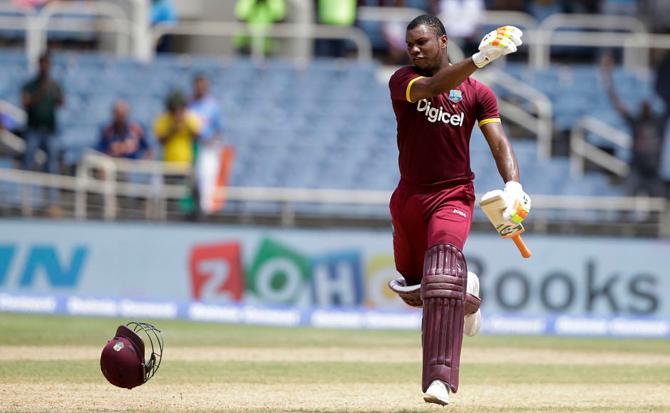 Windies' Evin Lewis celebrates after he slammed a 53-ball century. Both of his T20I centuries have come against India. AP Windies' Evin Lewis celebrates after he slammed a 53-ball century. Both of his T20I centuries have come against India. AP