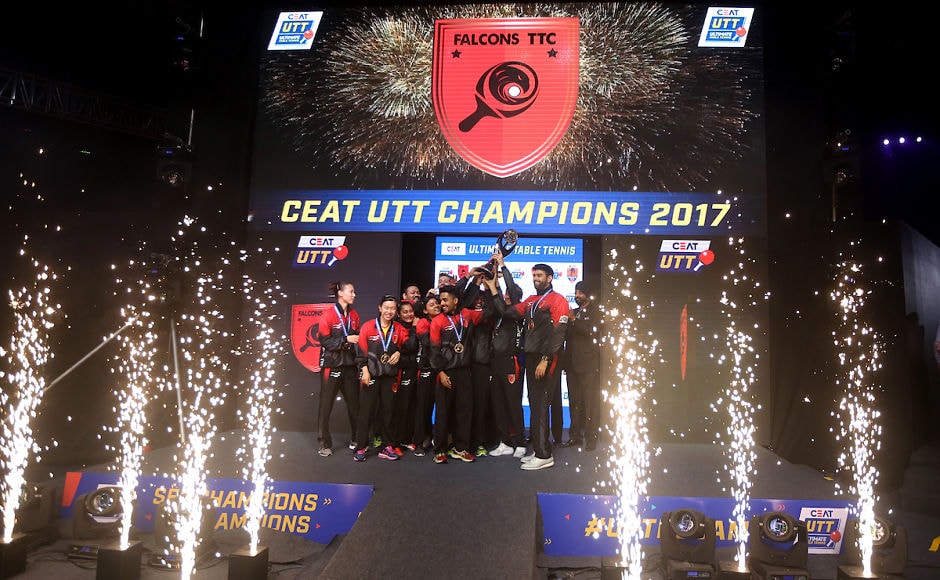 Team Falcons TTC win the inaugural edition of Ultimate Table Tennis league after surpassing Shaze Challengers 14-9 Image courtesy: Ultimate Table Tennis Team Falcons TTC win the inaugural edition of Ultimate Table Tennis league after surpassing Shaze Challengers 14-9 Image courtesy: Ultimate Table Tennis