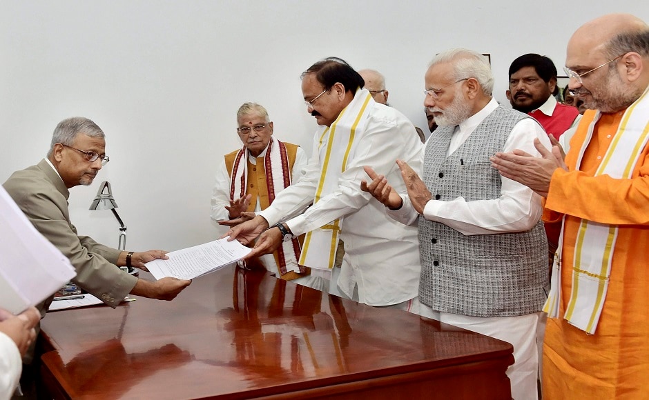 Naidu's name was proposed and seconded by Arun Jaitley, Sushma Swaraj and several top leaders of the NDA. After filing his papers, Naidu thanked the prime minister for his support. PTI Naidu's name was proposed and seconded by Arun Jaitley, Sushma Swaraj and several top leaders of the NDA. After filing his papers, Naidu thanked the prime minister for his support. PTI