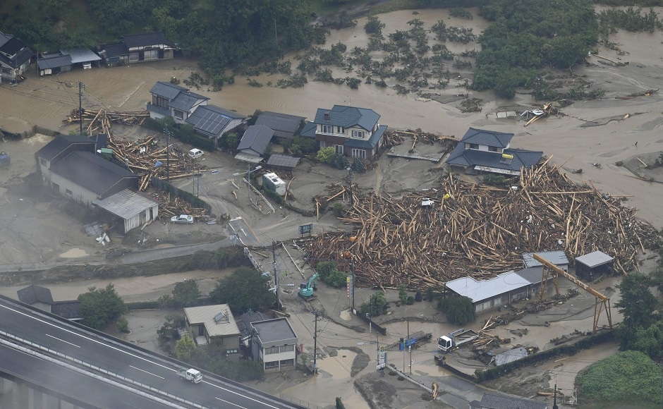 Unprecedented torrential rain has caused rivers to burst their banks, sweeping away roads and houses, and destroying schools in Kyushu, the southern-most of Japan's four main islands. AP Unprecedented torrential rain has caused rivers to burst their banks, sweeping away roads and houses, and destroying schools in Kyushu, the southern-most of Japan's four main islands. AP