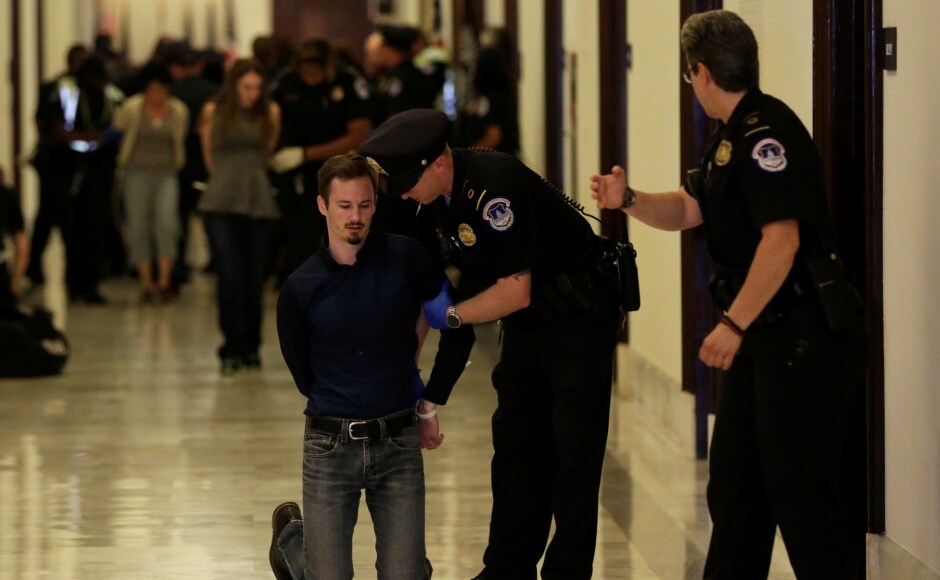 Police arrested 80 people at the buildings of the US Congress, as demonstrators voiced opposition to US lawmakers' latest efforts to make progress on a stalled health care overhaul bill. Reuters Police arrested 80 people at the buildings of the US Congress, as demonstrators voiced opposition to US lawmakers' latest efforts to make progress on a stalled health care overhaul bill. Reuters