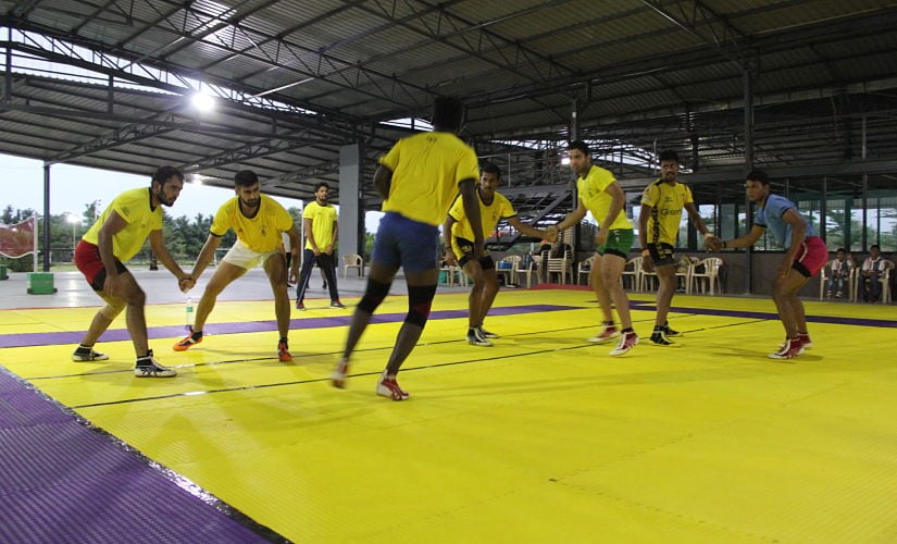 Telugu Titans players in action during practice. They play Tamil Thalavias in the opening game of Pro -Kabaddi Season 5. Telugu Titans