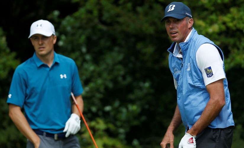 Jordan Spieth and Matt Kuchar stand on the fifth tee during the final round of The Open. Reuters