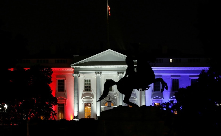 The White House was lit with red, white and blue lights. US president Donald Trump wished the country a happy Independence Day by sharing a video of a band and chorus performing "Make America Great Again". AP The White House was lit with red, white and blue lights. US president Donald Trump wished the country a happy Independence Day by sharing a video of a band and chorus performing "Make America Great Again". AP