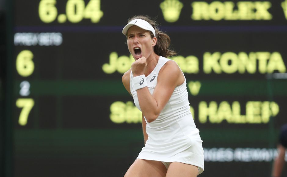 Johanna Konta powered past Simona Halep 6-7(2), 7-6(5), 6-4 to become the first British woman to reach the last four in almost 40 years. Reuters Johanna Konta powered past Simona Halep 6-7(2), 7-6(5), 6-4 to become the first British woman to reach the last four in almost 40 years. Reuters