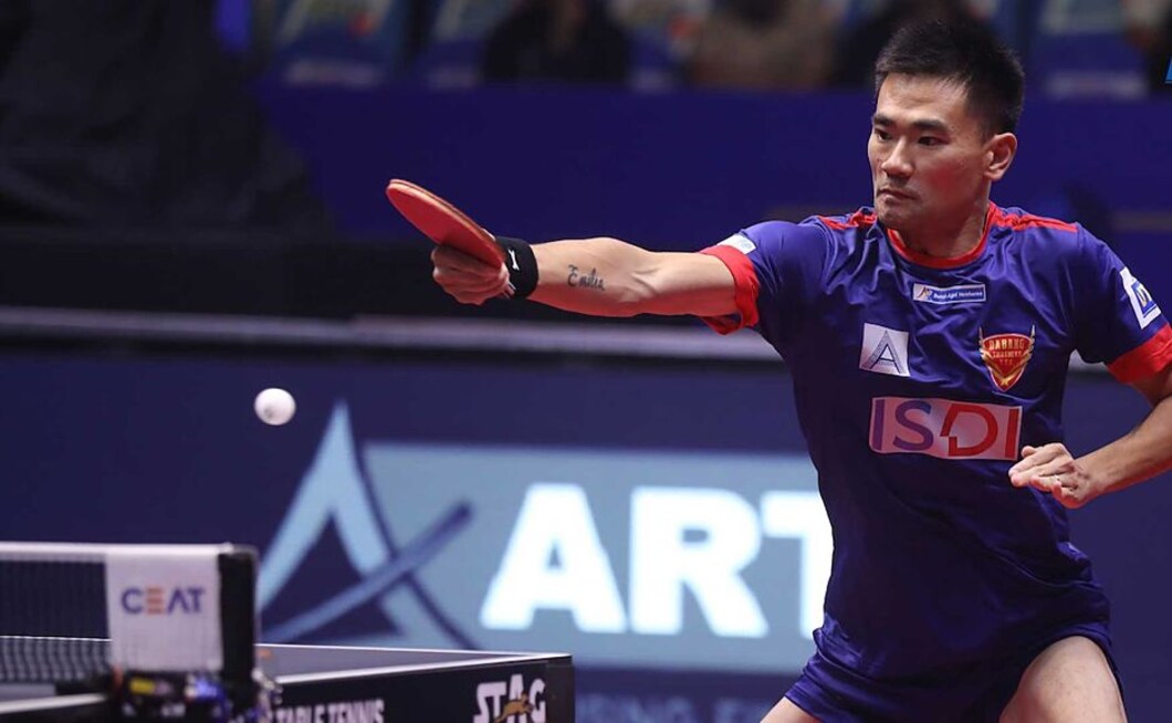 Kou Lei took the first game against Challengers' Andrej Gacina. Image courtesy: Facebook/ @UltimateTableTennis Kou Lei took the first game against Challengers' Andrej Gacina. Image courtesy: Facebook/ @UltimateTableTennis