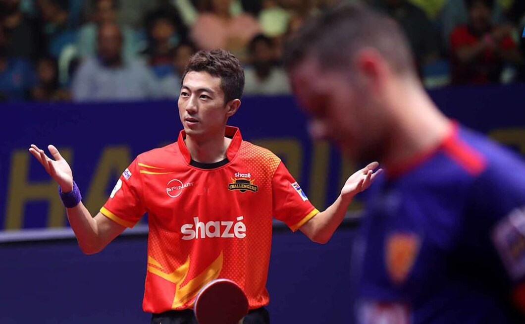 Li Ping won the first two games of match 8 to win the semi final for Challengers. Image courtesy: Facebook/ @UltimateTableTennis Li Ping won the first two games of match 8 to win the semi final for Challengers. Image courtesy: Facebook/ @UltimateTableTennis