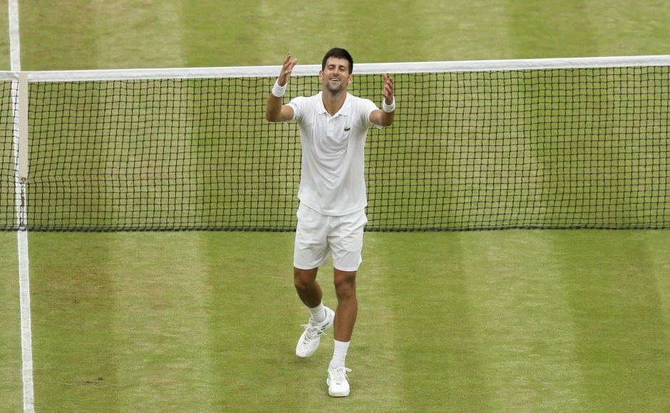 Novak Djokovic celebrates beating Adrian Mannarino in their fourth round match. Djokovic eased into the quarter-finals a day later than expected with a 6-2, 7-6(5), 6-4 win. Novak Djokovic celebrates beating Adrian Mannarino in their fourth round match. Djokovic eased into the quarter-finals a day later than expected with a 6-2, 7-6(5), 6-4 win.