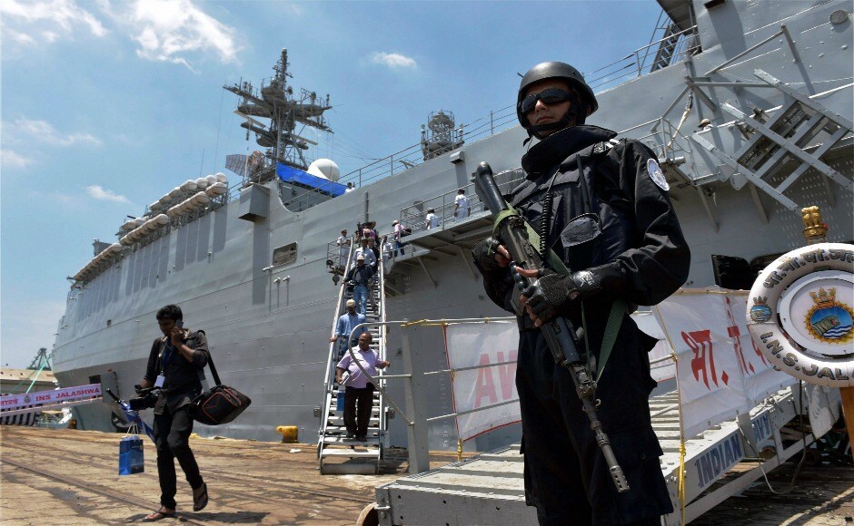 An Indian Navy commandant maintaining strict vigil on board INS Shivalik which has come to the Port Trust to take part in the India, Japan and the United States joint Malabar Naval Exercise 2017. PTI An Indian Navy commandant maintaining strict vigil on board INS Shivalik which has come to the Port Trust to take part in the India, Japan and the United States joint Malabar Naval Exercise 2017. PTI