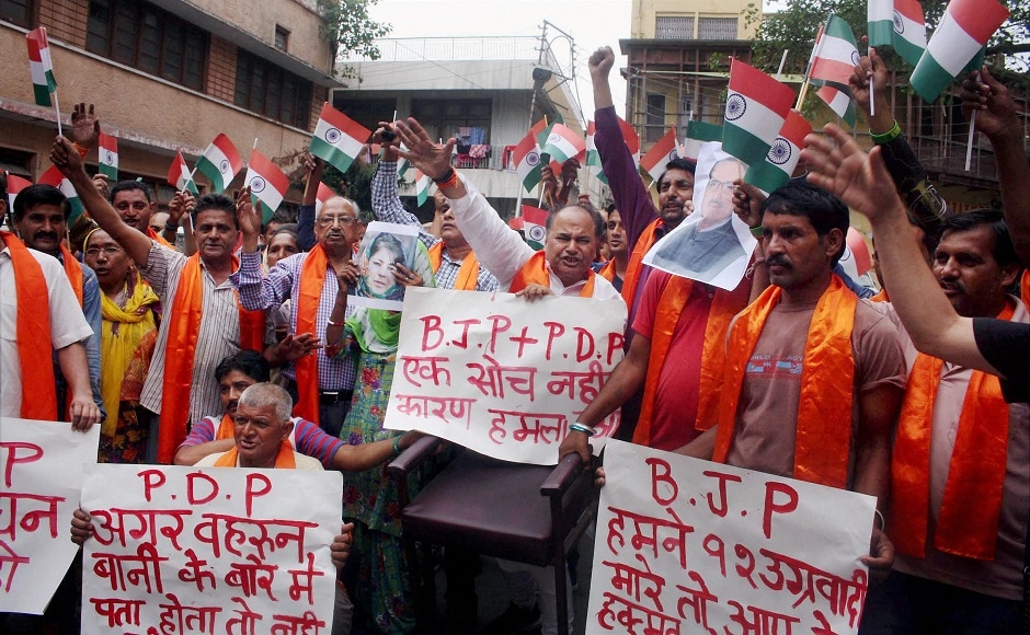 In Jammu, members of Shiv Sena raised anti-BJP, anti-PDP slogans, blaming the Narendra Modi government for failing to protect pilgrims. PTI In Jammu, members of Shiv Sena raised anti-BJP, anti-PDP slogans, blaming the Narendra Modi government for failing to protect pilgrims. PTI