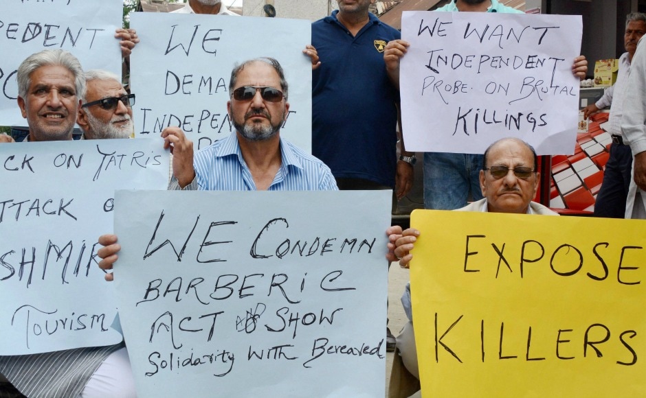 Members of civil society, trade and tourism organisations, journalists and separatists staged demonstrations in Srinagar against the attack. Travel agencies and hotels will suspend their business on Wednesday as a mark of protest. PTI Members of civil society, trade and tourism organisations, journalists and separatists staged demonstrations in Srinagar against the attack. Travel agencies and hotels will suspend their business on Wednesday as a mark of protest. PTI