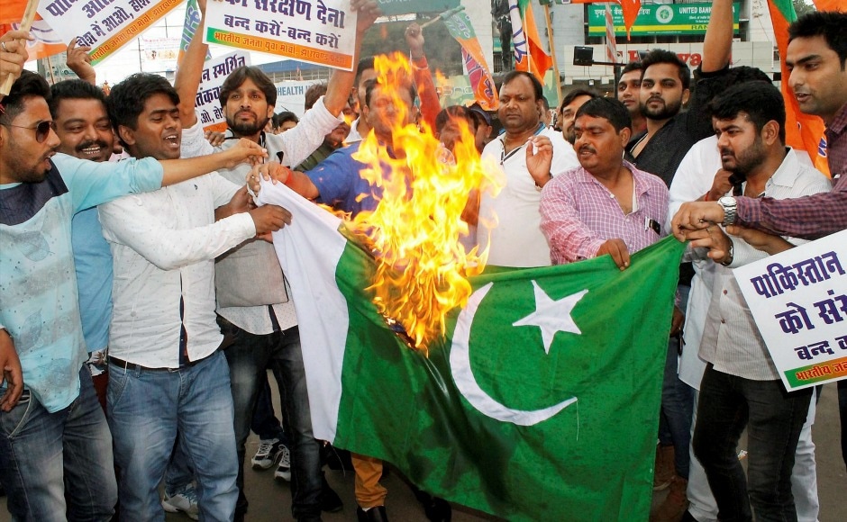In Ranchi, Bharatiya Janata Yuva Morcha activists raised slogans condemning the attack as they burnt a Pakistani flag during a protest. PTI In Ranchi, Bharatiya Janata Yuva Morcha activists raised slogans condemning the attack as they burnt a Pakistani flag during a protest. PTI