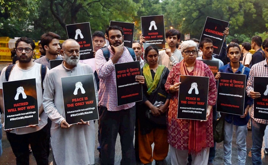 The 'Not In My Name' campaign held a silent protests at Jantar Mantar on Tuesday evening as they demanded for a peaceful India. PTI The 'Not In My Name' campaign held a silent protests at Jantar Mantar on Tuesday evening as they demanded for a peaceful India. PTI
